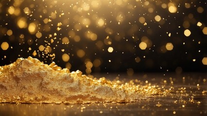 Golden glitter particles, scattered and floating against a dark
