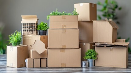 Stacked moving boxes, plants, home decor in room