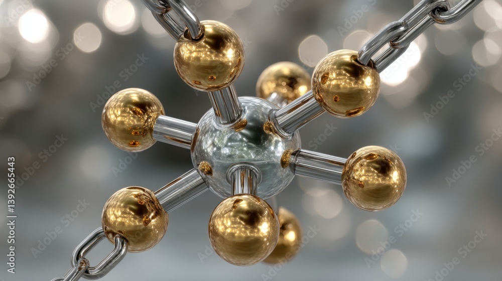 Poster abstract 3d rendering of a molecule model with gold and silver spheres connected by metallic chains,