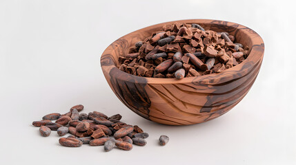 Obraz premium Crushed cacao nibs and whole cacao beans in wooden bowl create rich, earthy display