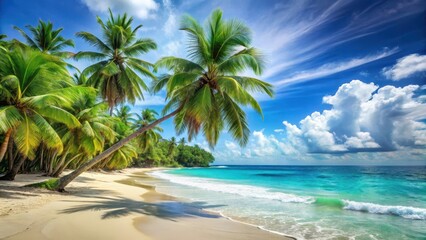 A serene tropical island beach scene with swaying palm trees and a vast expanse of clear blue sea waves gently lapping at the shore , isolated landscape, clear blue