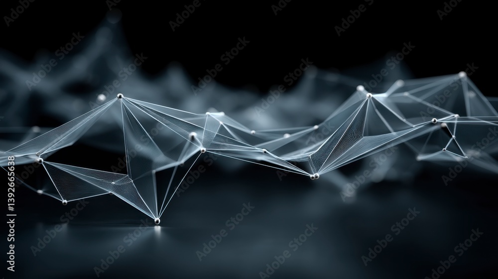 Poster abstract background with interconnected glowing nodes and lines forming a network pattern. dark back