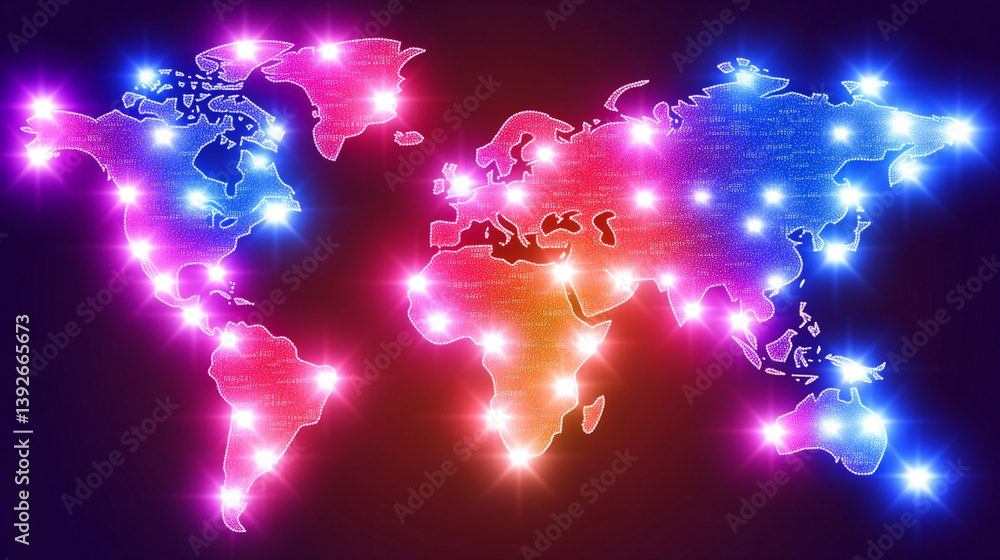 Poster global network visualization digital world map infographic vibrant colors abstract concept