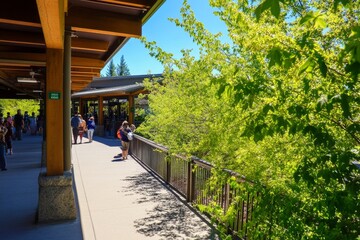 Obraz premium Covered walkway, trees, and people under a bright blue sunny sky
