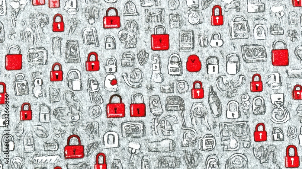 Poster red and white padlock pattern on a textured background. abstract security concept.