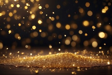 Obraz premium Golden glitter particles, scattered and floating against a dark