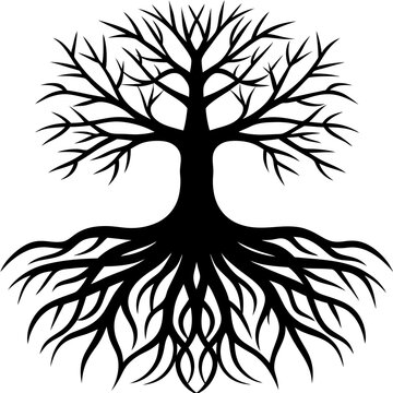 tree with roots silhouette vector illustration