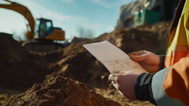 A construction engineer inspecting soil samples at a construction site. Featuring analysis and precision