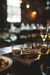 A small-batch beer tasting session with a rustic vibe, featuring homemade snacks and intimate lighting,