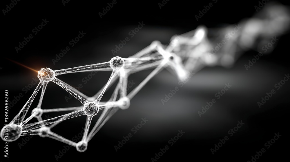 Poster abstract 3d rendering of a network, connection, or molecular structure. white nodes and lines agains