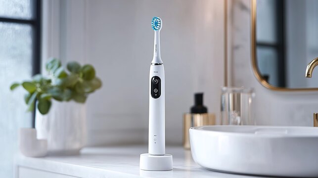 Electric toothbrush features for effective oral care bathroom product showcase modern design close-up view