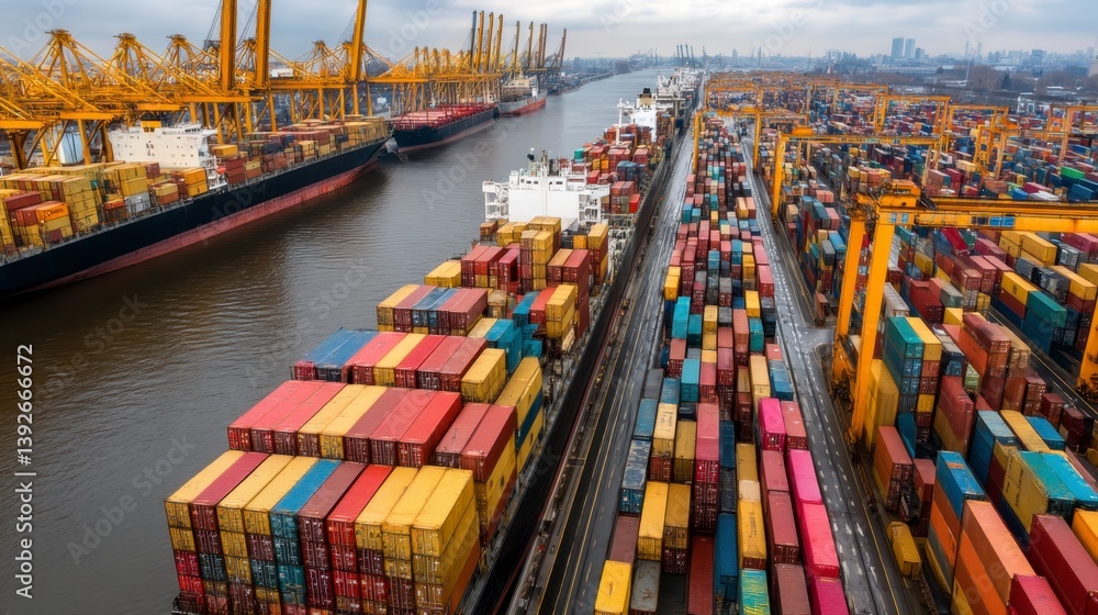 Aufkleber aerial view of a busy cargo port with numerous colorful shipping containers and cranes under an over