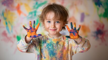 Joyful Artistry: A young child beams with pride and creative joy, hands adorned with colorful paint, showcasing the beauty of self-expression. A celebration of imaginative play.