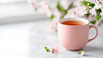 A delicate pink teacup filled with warm beverage, nestled amongst spring blossoms on a marble surface. Soft lighting highlights the beauty of the scene