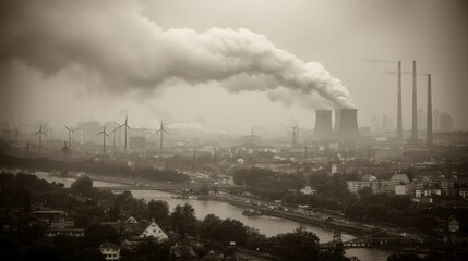 Sepia toned aerial view of an industrial cityscape shrouded in heavy smoke and smog, depicting air pollution.