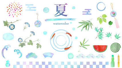 夏の和風水彩イラスト素材セット　ベクター、アイコン、和柄、朝顔、金魚、すいか、ラムネ、花火、波、風鈴、ヨーヨー