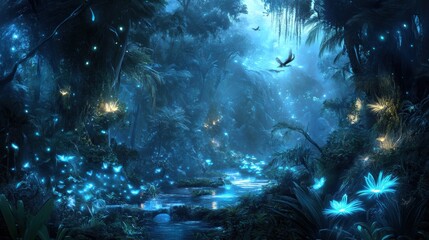 Fototapeta premium Enchanted Forest with Glowing Flora and Fauna Under a Starry Sky Featuring Mystical Creatures and a Serene Stream Flowing Through Lush Vegetation