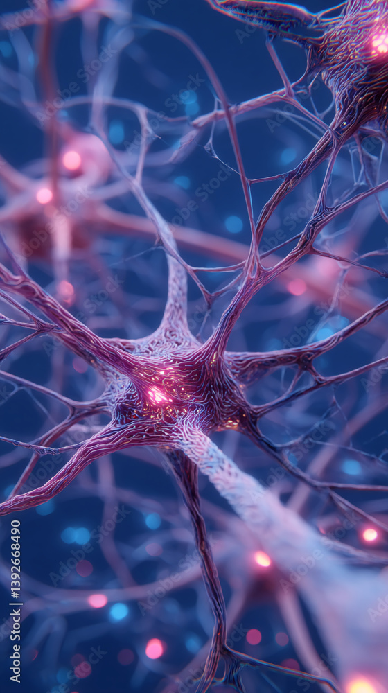 Poster Close-up of neuron network, intricate branched structure with glowing nodes, representing neural connections, brain activity, and complex systems