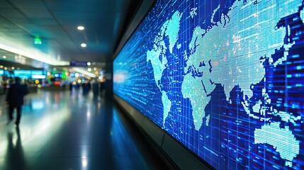 High-tech world map display in a modern airport at night showing global connectivity trends