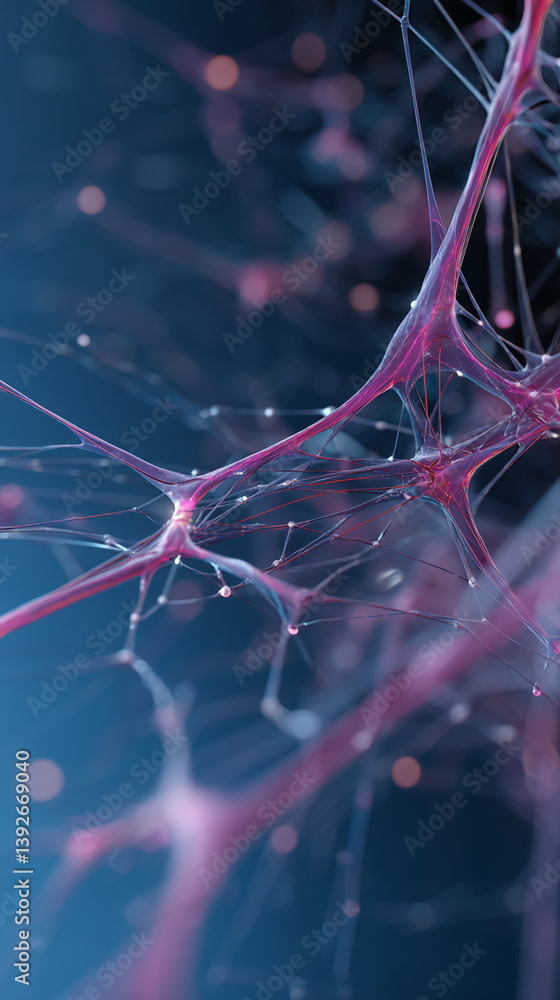 Poster abstract image of a neuron network, pink and blue hues, intricate branching structure, symbolizes co