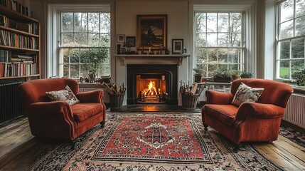 Vintage interior scene showcasing armchairs and fireplace ambience in a cozy setting