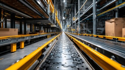 Obraz premium Automated warehouse interior with yellow conveyor belts and metal shelving units. Product storage and logistics.