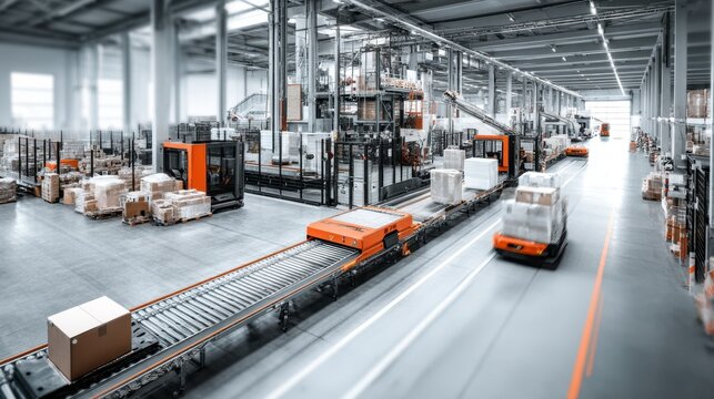 Automated warehouse with orange automated guided vehicles moving cardboard boxes along a conveyor system. Bright lighting, clean environment.