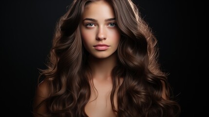 Fototapeta premium A woman with brown long hair. Portrait of a young model. A beautiful girl with a face dollike shows off her hairstyle