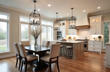 Luxury new traditional kitchen with quartz counters hardwood floors stainless steel appliances. Modern home interior, dining area with table chairs. Pendant lights, island and cabinets.