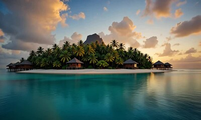 Serene tropical island with lush palm trees and wooden huts on calm turquoise lagoon during sunset. Concept of dream vacation escape