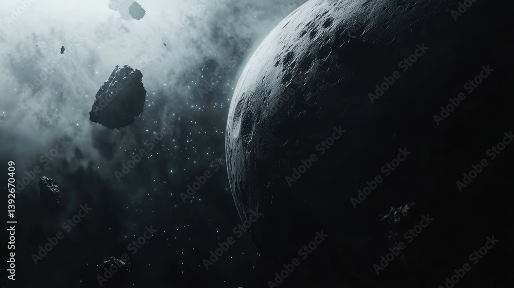 Poster deep space landscape featuring a large planet and drifting asteroids