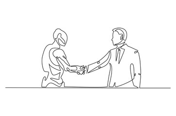 Continuous one line drawing of Robot shaking hands with businessman. Single line drawing illustration of robot with businessman. Innovation concept vector art. Doodle line illustration.