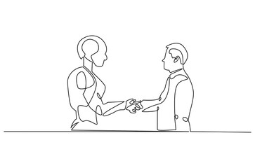Continuous one line drawing of Robot shaking hands with businessman. Single line drawing illustration of robot with businessman. Innovation concept vector art. Doodle line illustration.