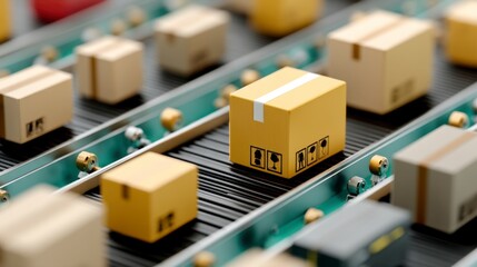Numerous cardboard boxes move along a conveyor belt system. The boxes are light brown and feature simple markings. The conveyor belt is teal and black.