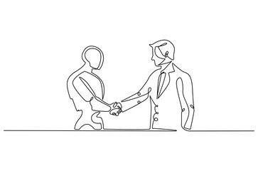 Continuous one line drawing of Robot shaking hands with businessman. Single line drawing illustration of robot with businessman. Innovation concept vector art. Doodle line illustration.