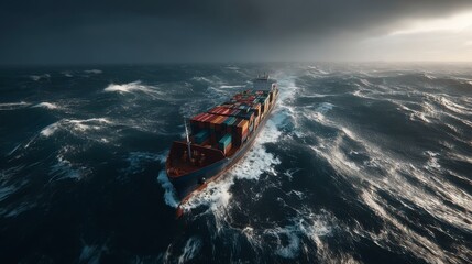 Fototapeta premium Cargo ship navigating rough seas under a dramatic sky. Waves crash around the vessel, creating a sense of peril.
