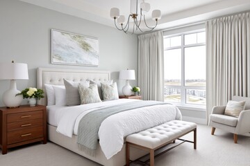 A clean minimalist bedroom in a modern apartment with muted colors and one abstract painting