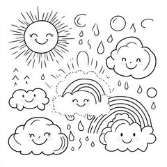Sunny and cheerful weather illustrations showcasing clouds, rainbows, and rain droplets in a whimsical design for children