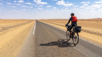 Cyclist traversing a vast desert road under a blue sky with scattered clouds