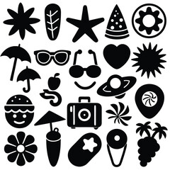 Summer Doodle Icon Set, Hand Drawn Black and White Collection