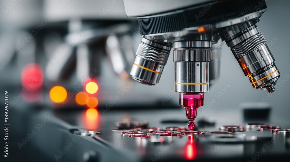 Poster close up of a microscope's objective lens over a sample, with a blurred background of a laboratory s