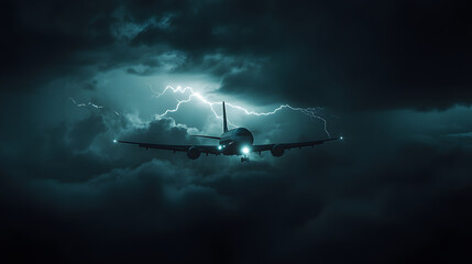A passenger plane navigates through a stormy sky illuminated by striking lightning, its landing lights cutting through the dense, dark clouds in a dramatic and tense aerial scene.