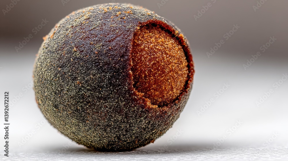 Poster close up of a dark brown seed with a speckled texture and a partially visible interior. the seed is 