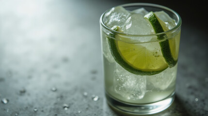 Refreshing cocktail with ice and lime slices, perfect for summer day or casual gathering. Enjoy coolness and zest