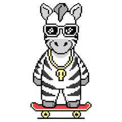 Pixel Art Zebra Character with Sunglasses on Skateboard Transparent Background