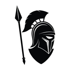 Fototapeta premium Spartan helmet with shield and spear silhouette and white background.