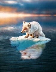Fototapeta premium An inquisitive fox explores a small iceberg under a glowing sunset that casts warm tones across the icy landscape.