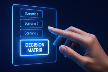 This close-up view showcases elegantly manicured fingers poised to select an option on a sleek decision matrix displayed on a futuristic digital panel