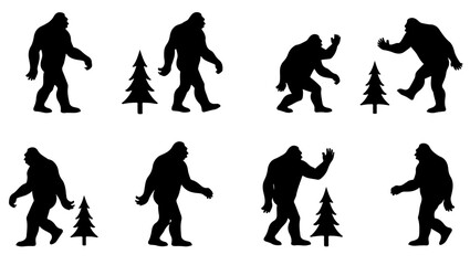 bold bold bigfoot funny silhouette set, retro bigfoot svg for sublimation, forest adventure bigfoot cut file, bigfoot walking silhouette vector art, layered bigfoot