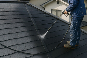 戸建て屋根を高圧洗浄機で洗浄する清掃員1